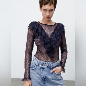 Zara ruffled Floral lace sheer long sleeve blue top Sz.S